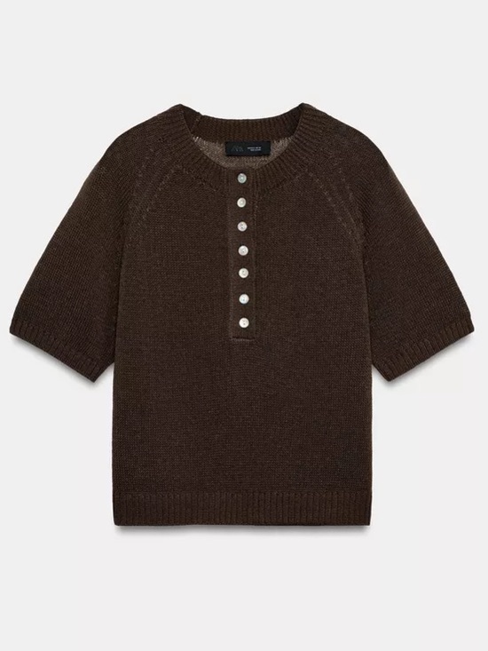 Zara Tops - Zara Brown Short-Sleeve Button Knit Jumper Top — Size Large